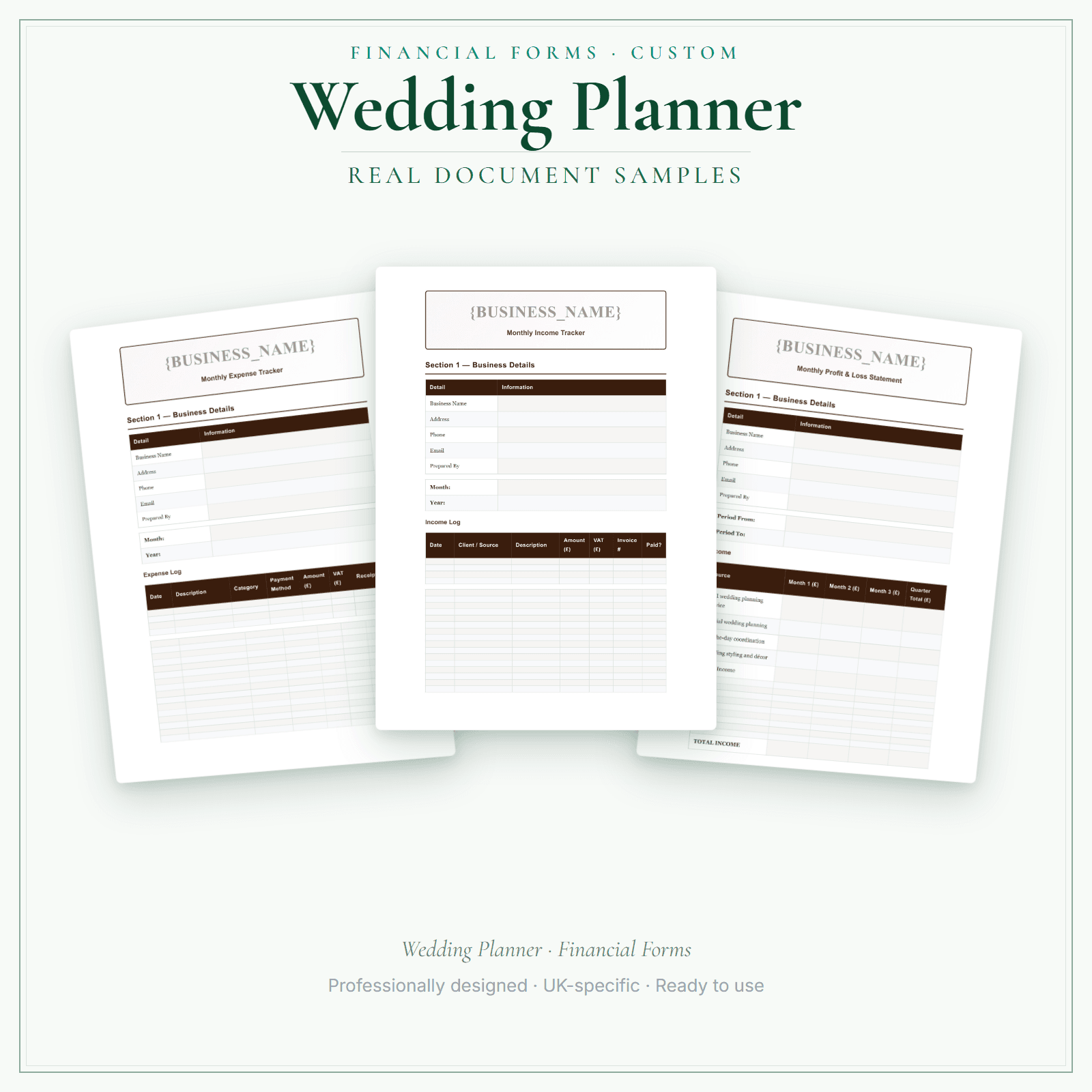 Wedding Planner — Financial Forms Bundle — Customisable sample pages preview