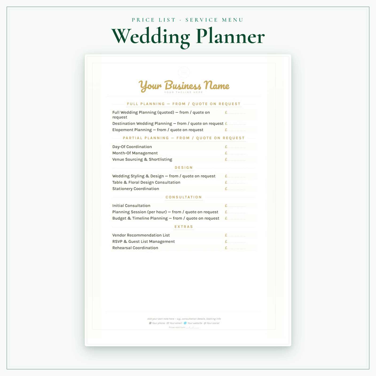 Wedding Planner — Price List & Service Menu sample pages preview