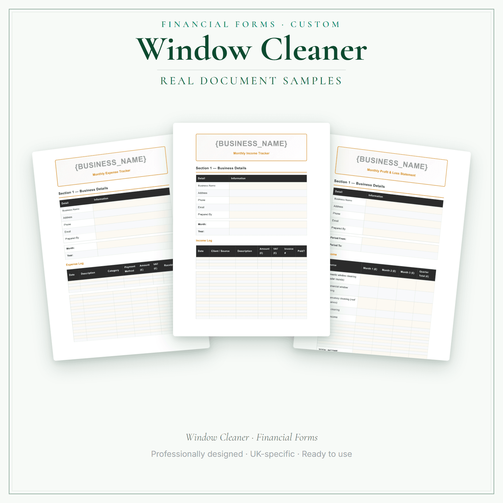 Window Cleaner — Financial Forms Bundle — Customisable sample pages preview
