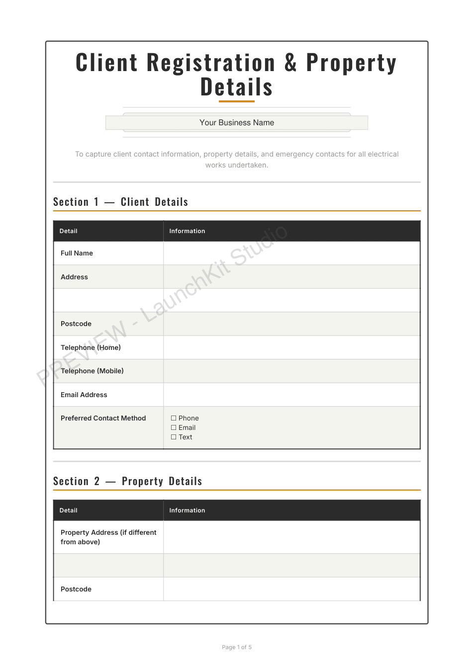 Watermarked client registration form preview for an electrician, made in LaunchKit Studio