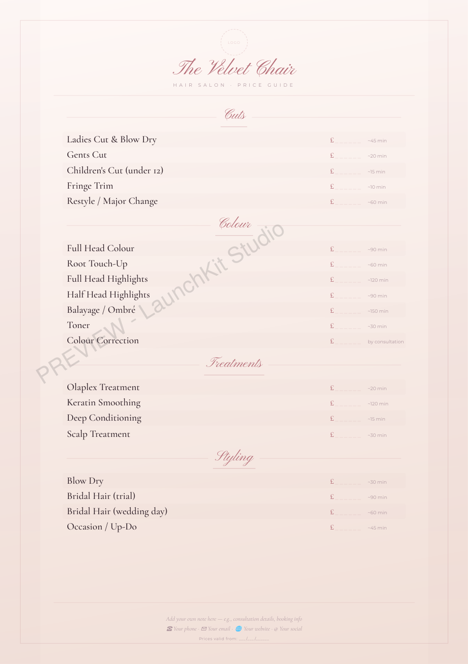 Watermarked price list & service menu preview for a hair salon, made in LaunchKit Studio