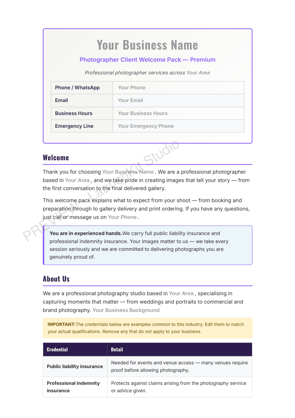 Watermarked client welcome pack preview for a photographer, made in LaunchKit Studio