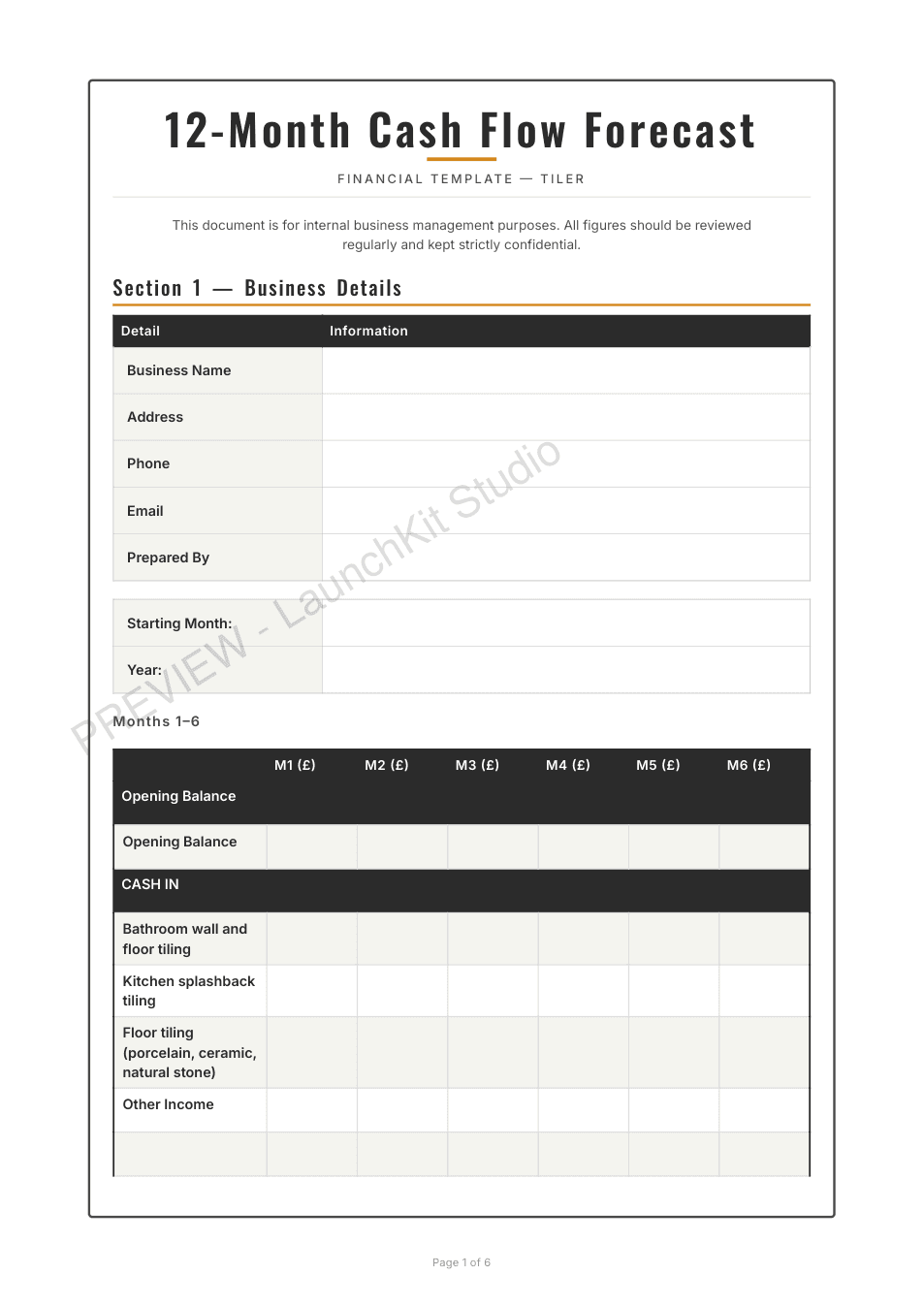 Watermarked cash-flow forecast preview for a tiler, made in LaunchKit Studio