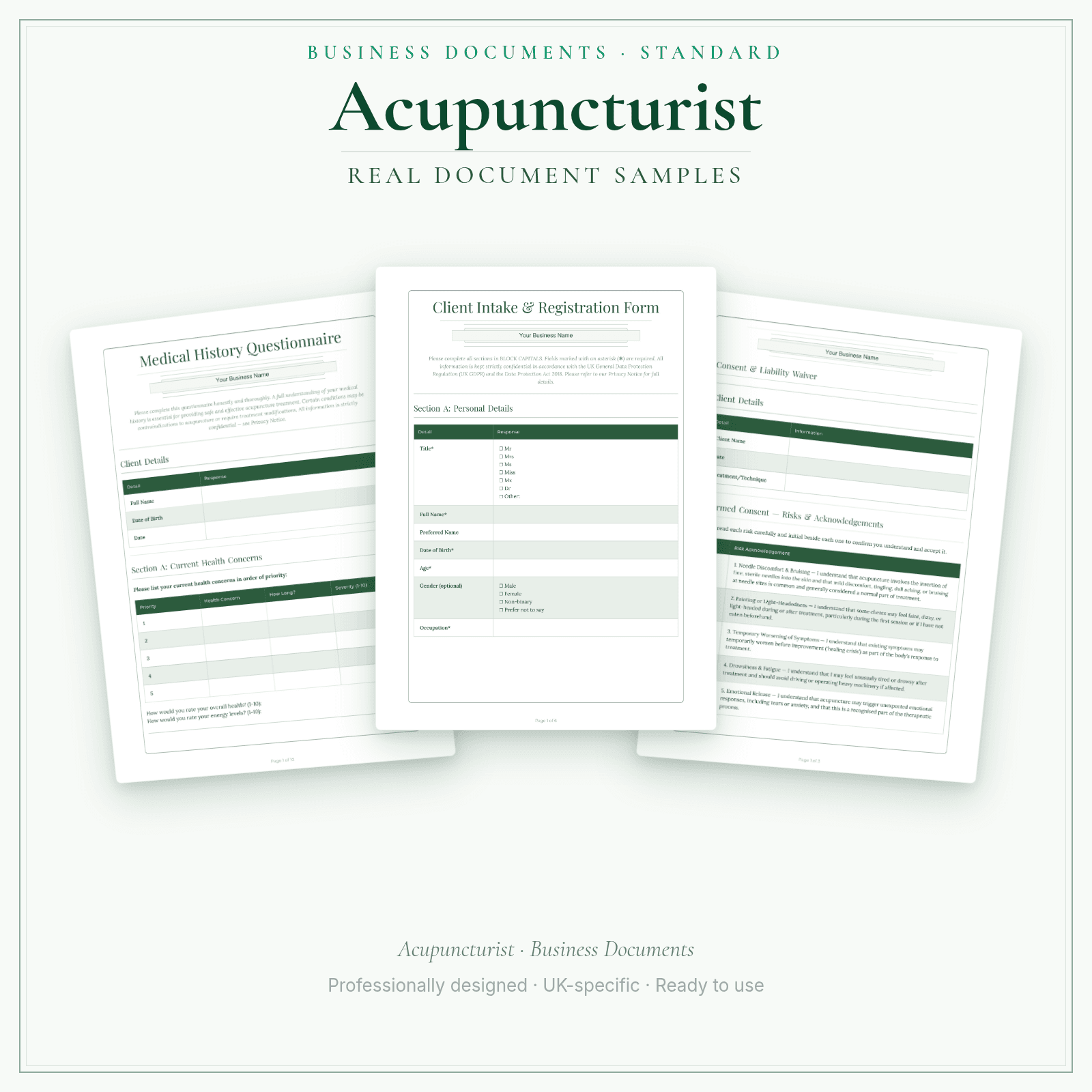 Acupuncturist — Business Documents — Standard sample pages preview