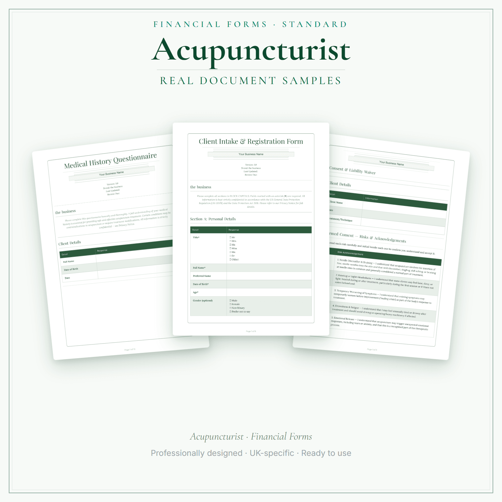 Acupuncturist — Financial Forms Bundle — Standard sample pages preview