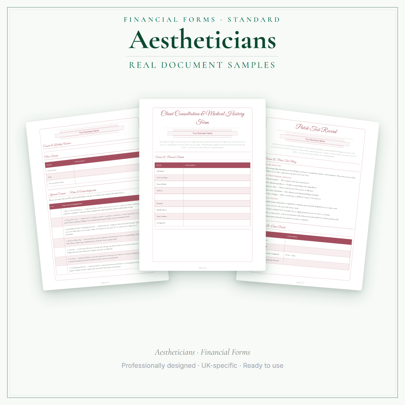 Aestheticians — Financial Forms Bundle — Standard sample pages preview