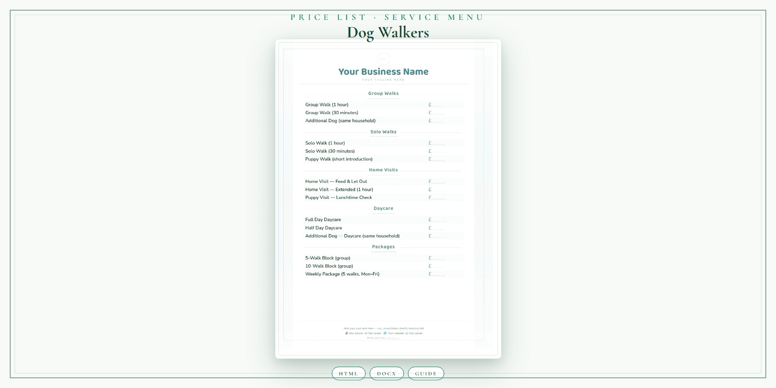 Price List & Service Menu
