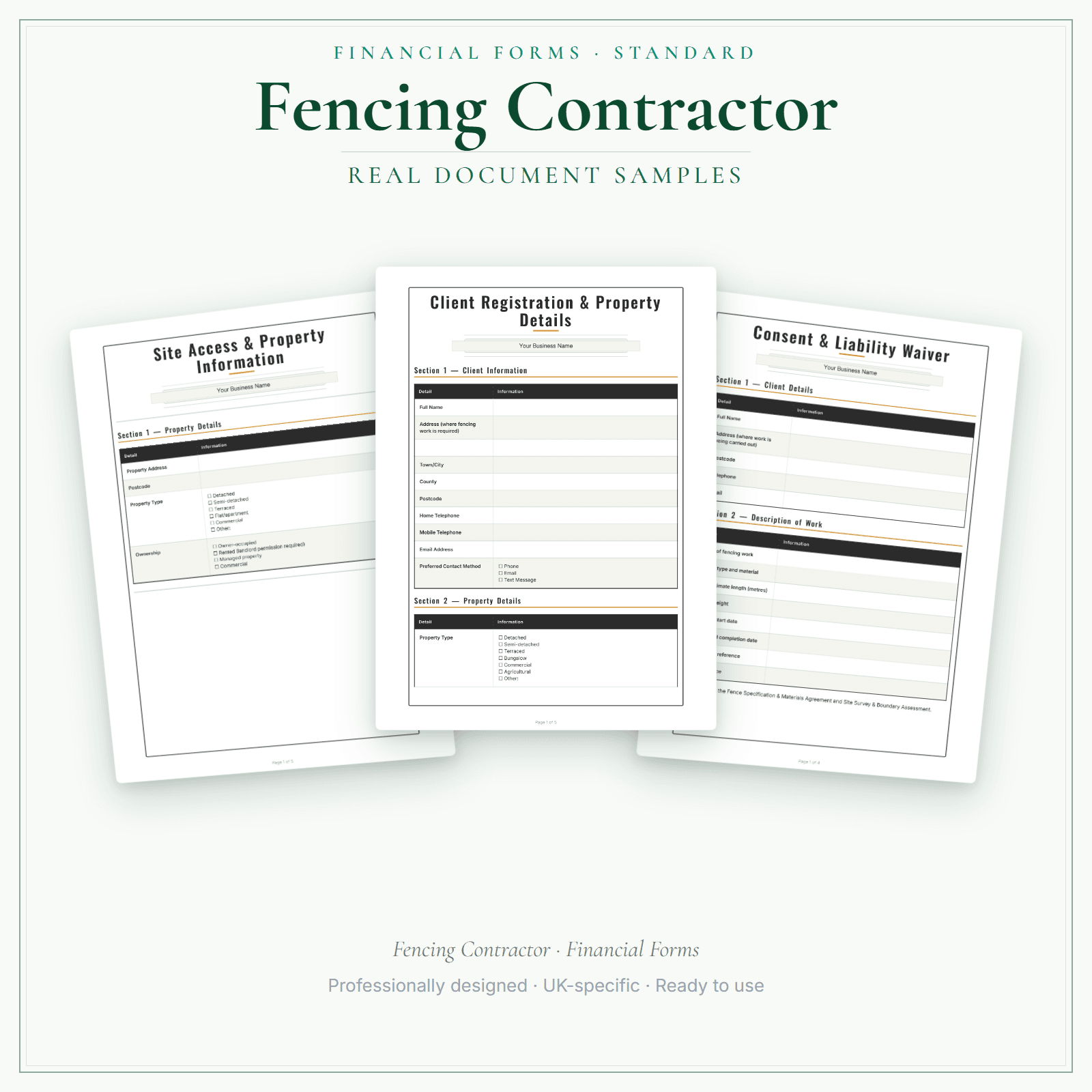 Fencing Contractor — Financial Forms Bundle — Standard sample pages preview