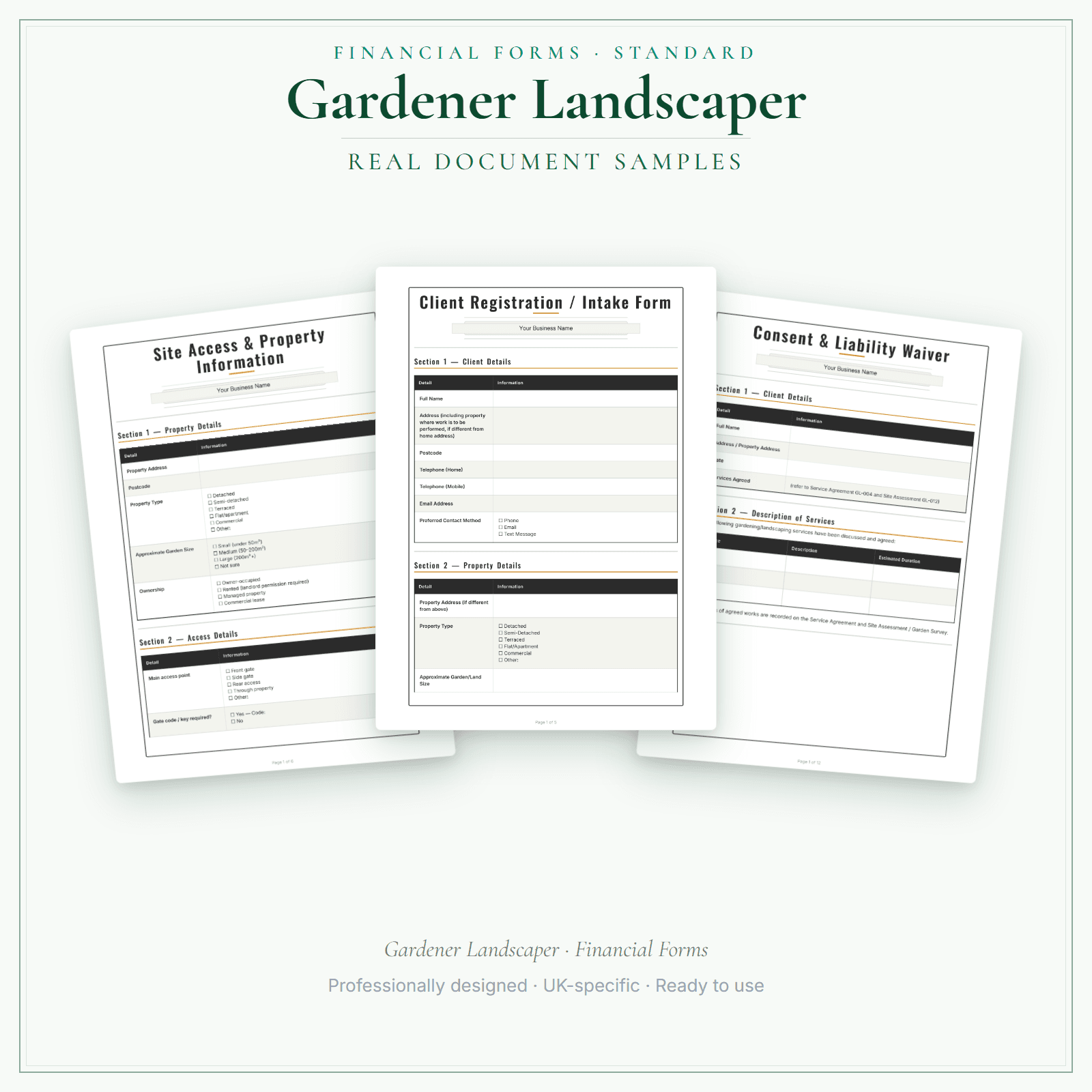Gardener Landscaper — Financial Forms Bundle — Standard sample pages preview