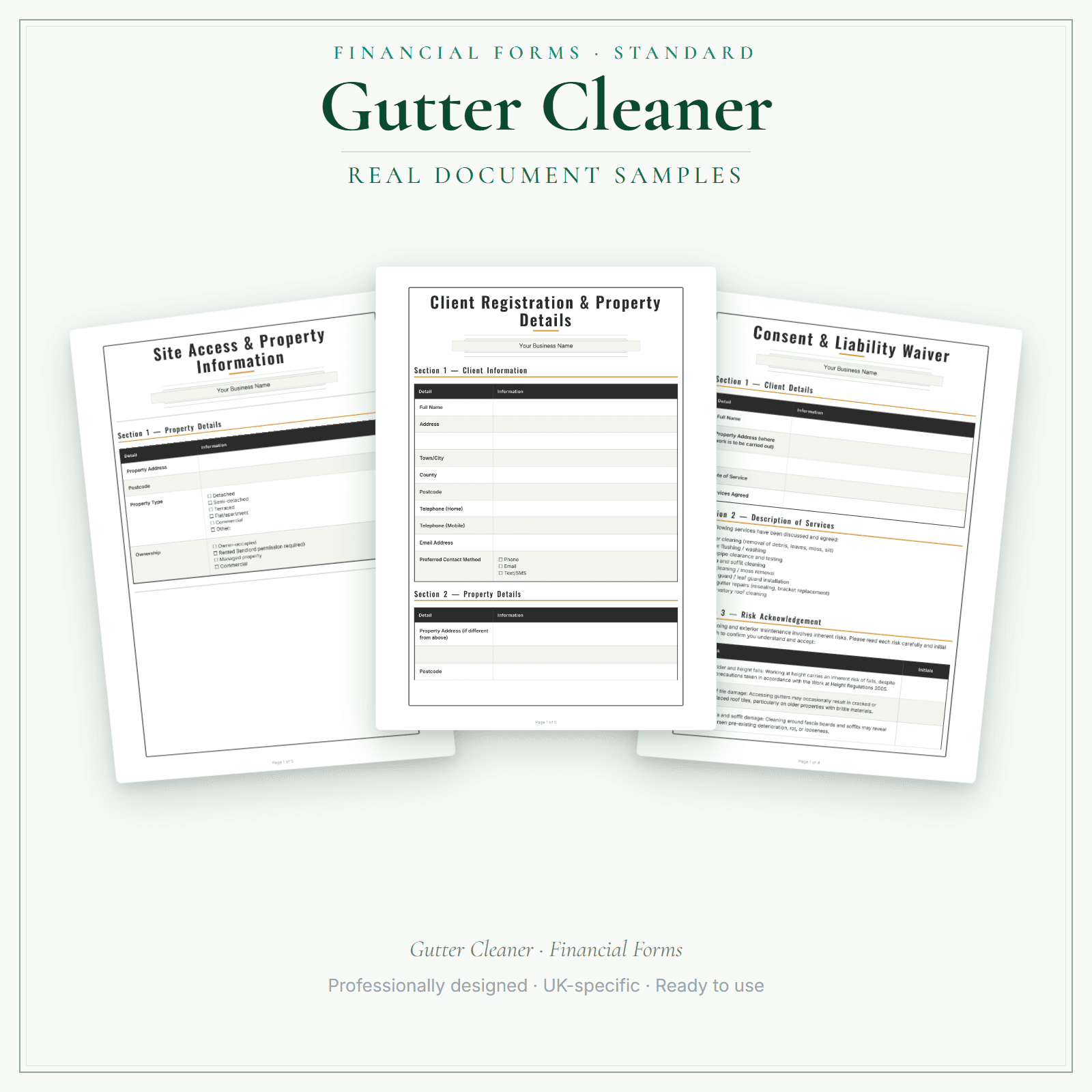 Gutter Cleaner — Financial Forms Bundle — Standard sample pages preview