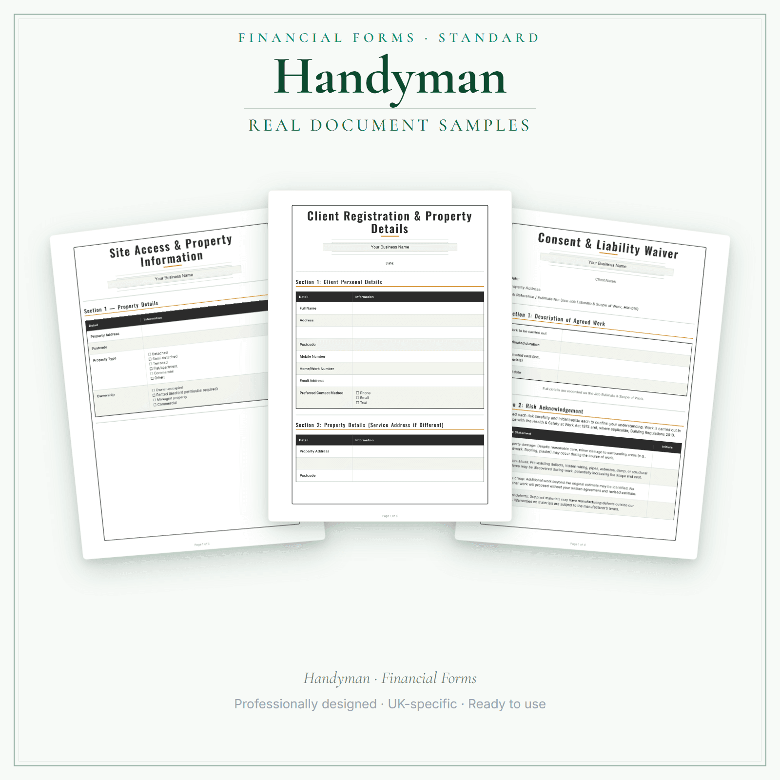 Handyman — Financial Forms Bundle — Standard sample pages preview