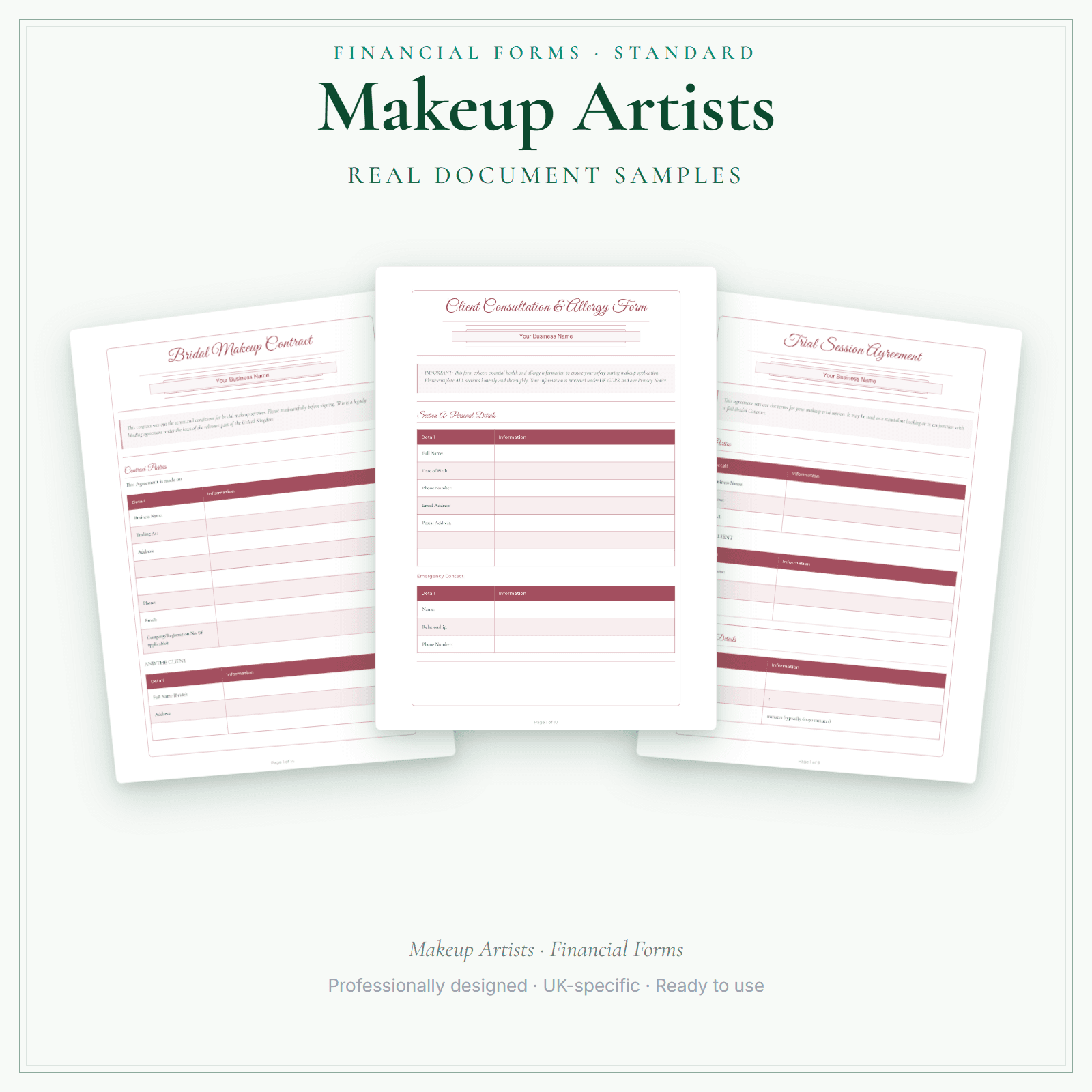 Makeup Artists — Financial Forms Bundle — Standard sample pages preview