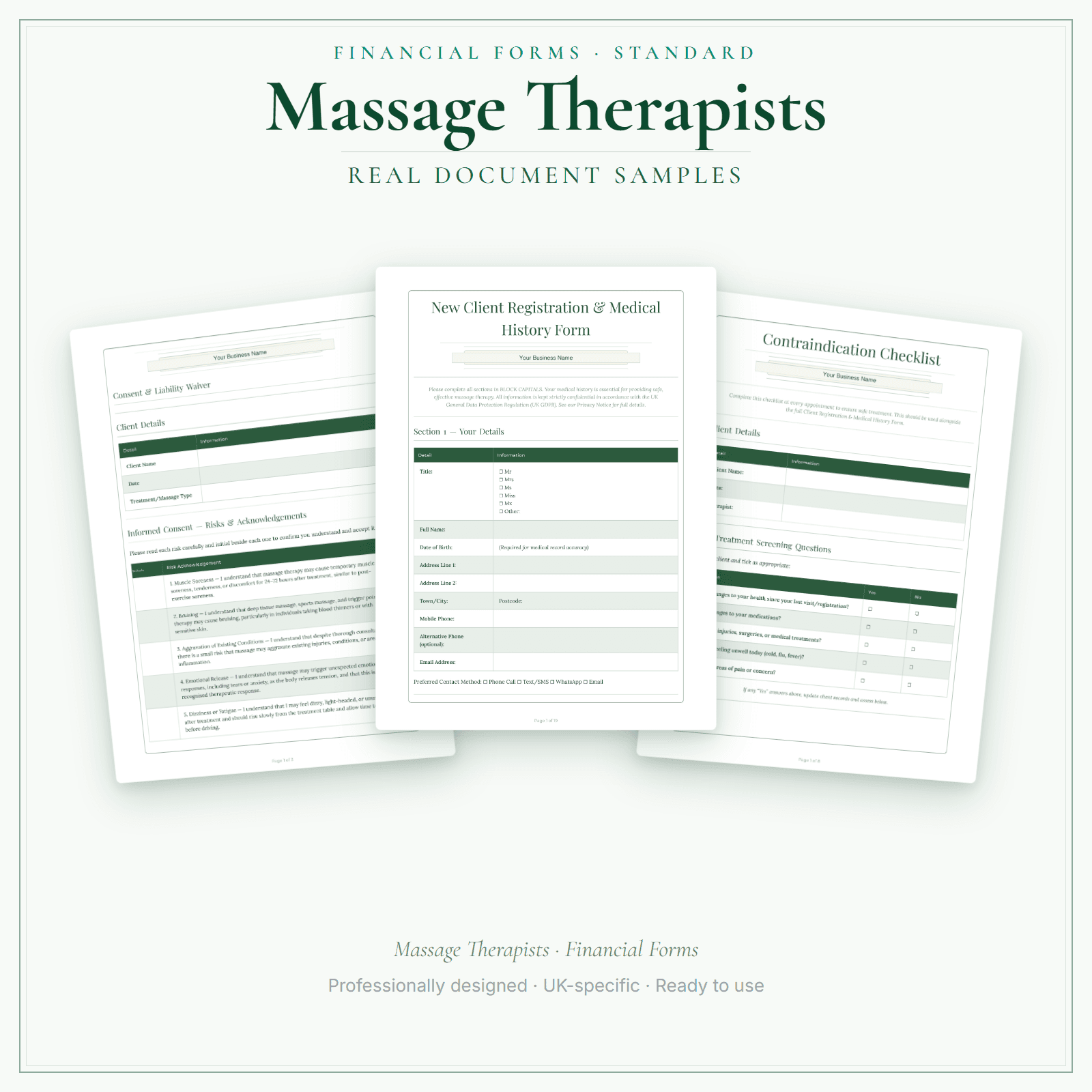 Massage Therapists — Financial Forms Bundle — Standard sample pages preview
