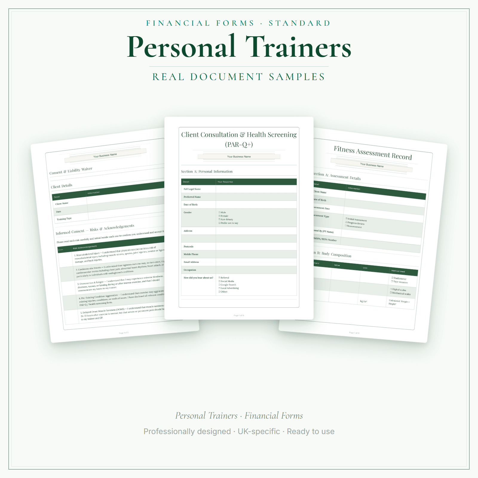 Personal Trainers — Financial Forms Bundle — Standard sample pages preview