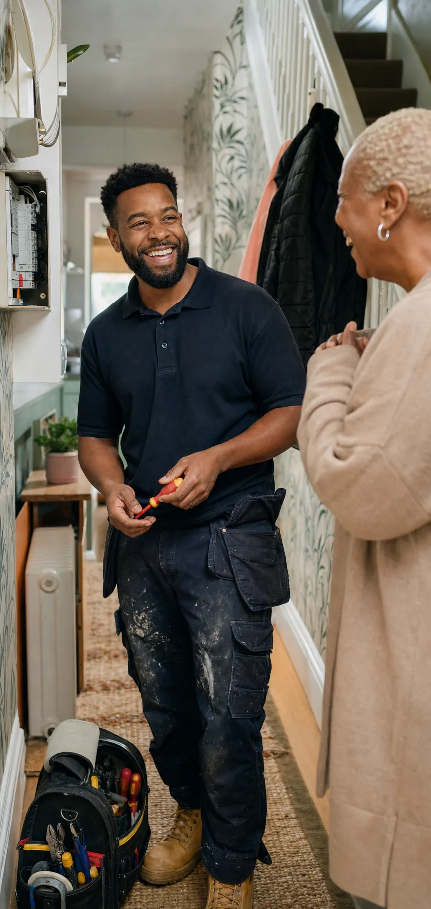 Independent electrician with a customer